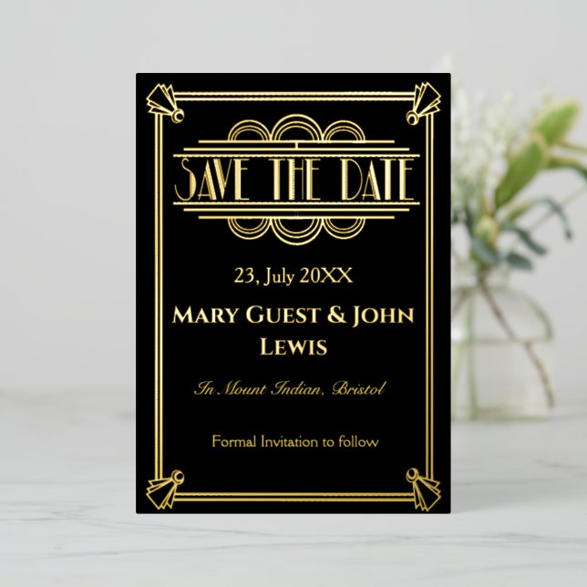 Roaring 20's Black and Gold Art Deco Save the Date (Standing Front)