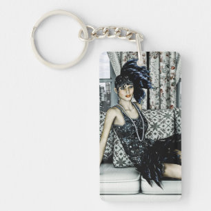 Roaring 20s Flapper Fashion Art Illustration Keychain