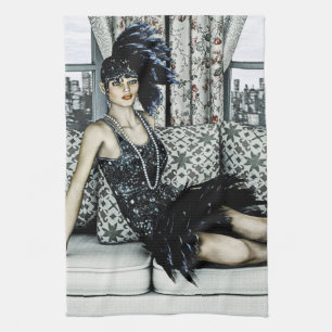 Roaring 20s Flapper Fashion Art Illustration Kitchen Towel