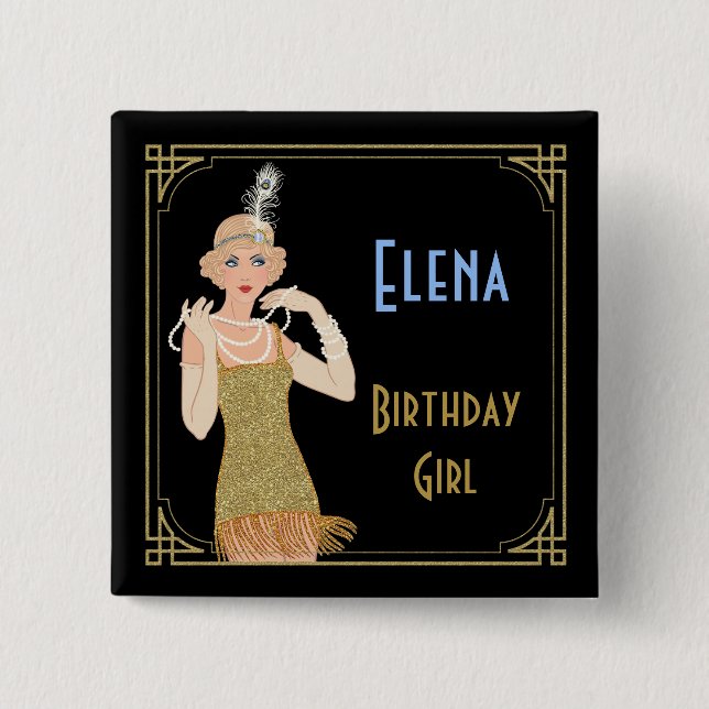 Roaring 20's Flapper Gold Glitter Black Retro 2 Inch Square Button (Front)