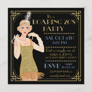 Roaring 20's Flapper Gold Glitter Black Retro Invitation