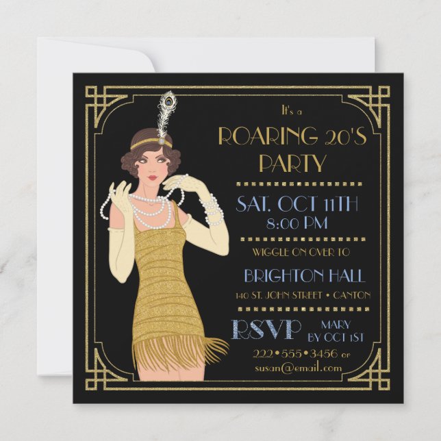 Roaring 20's Flapper Gold Glitter Black Retro Invitation (Front)