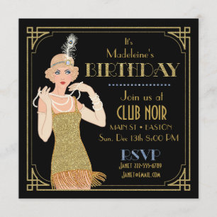 Roaring 20's Flapper Gold Glitter Black Retro Invitation