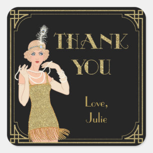 Roaring 20's Flapper Gold Glitter Black Retro Square Sticker