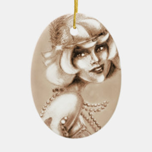 Roaring 20s girl sepia ceramic ornament