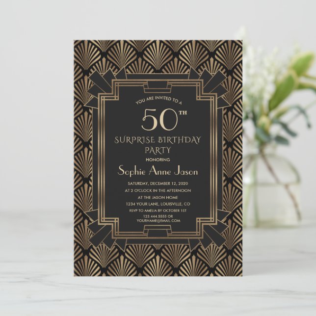 Roaring 20's Great Gatsby Art Deco 50th Birthday  Invitation (Standing Front)
