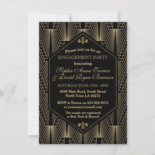 Roaring 20s Great Gatsby Art Deco Engagement Party Invitation (Front)