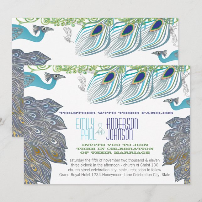 Roaring 20's Peacock Peacock Feathers Invitation (Front/Back)