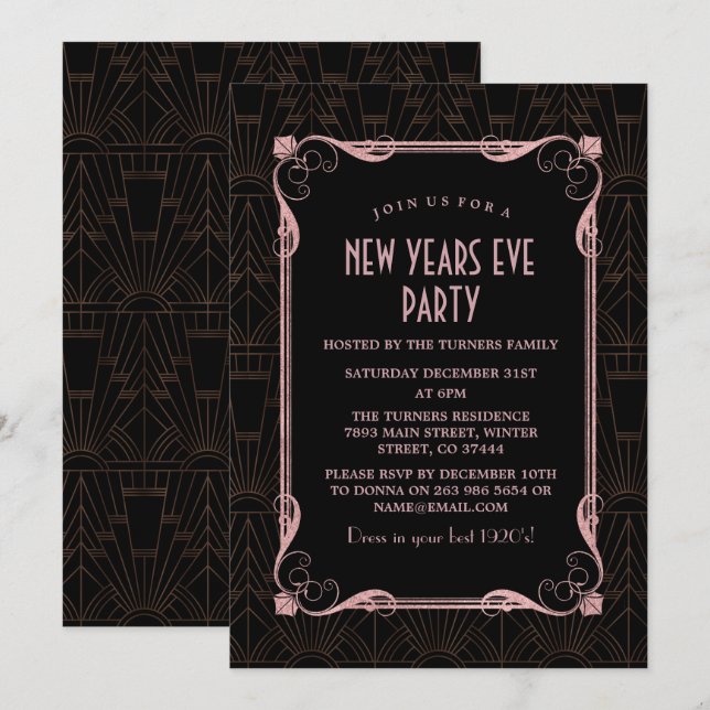 Roaring 20's Rose Gold Great Gatsby New Year's Eve Invitation (Front/Back)