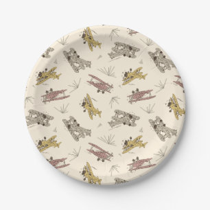 Roaring Art Deco Bi-planes - red yellow pattern. Paper Plate