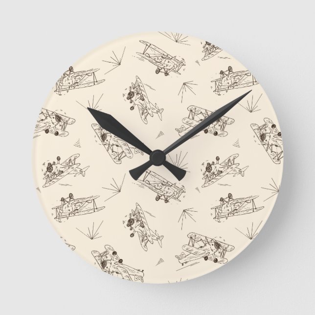 Roaring Art Deco Bi-planes - sketched pattern.   Round Clock (Front)