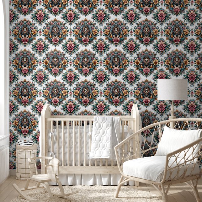 Roaring Beauty: Lion & Floral Splendour Wallpaper (Kids)