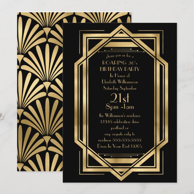 Roaring Black and Gold Art Deco Birthday Party Invitation (Front/Back)