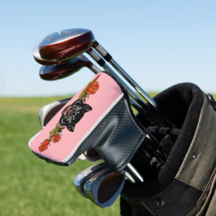 Roaring black panther and blooming roses golf head cover