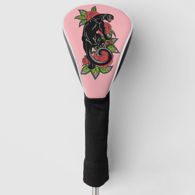 Roaring black panther and blooming roses golf head golf head cover (Front)