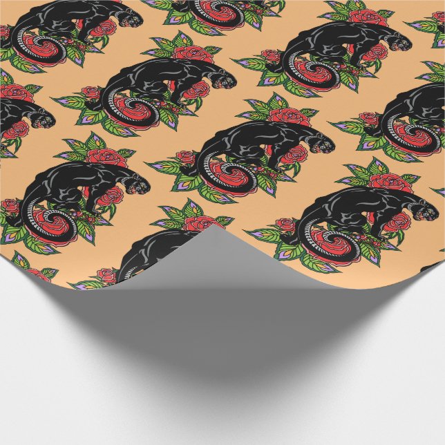 Roaring black panther and blooming roses wrapping  paper (Corner)