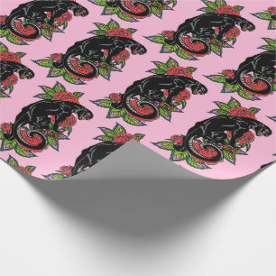 Roaring black panther and blooming roses wrapping paper
