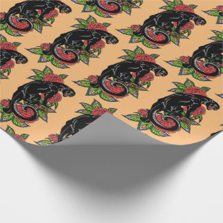 Roaring black panther and blooming roses wrapping wrapping paper