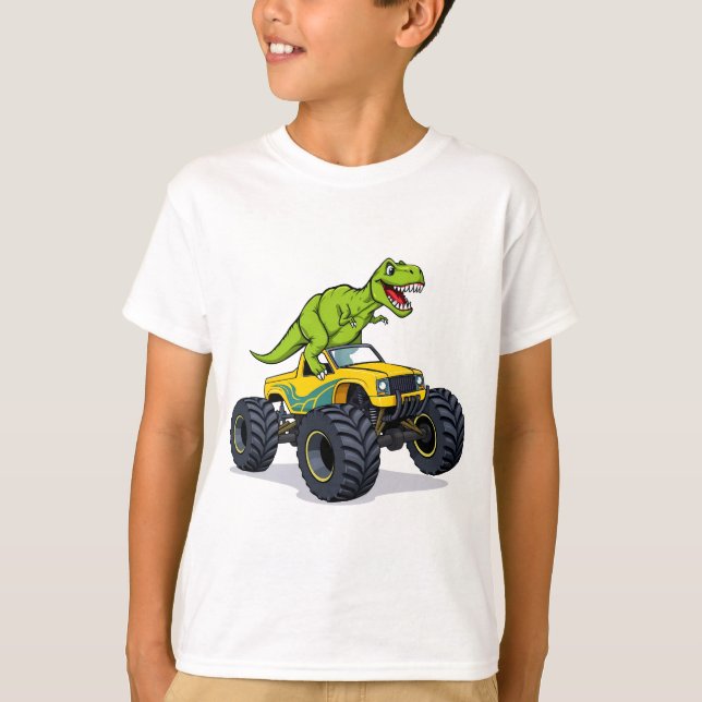 Roaring Dino on Wheels Cartoon Monster Truck Fun T-Shirt (Front)