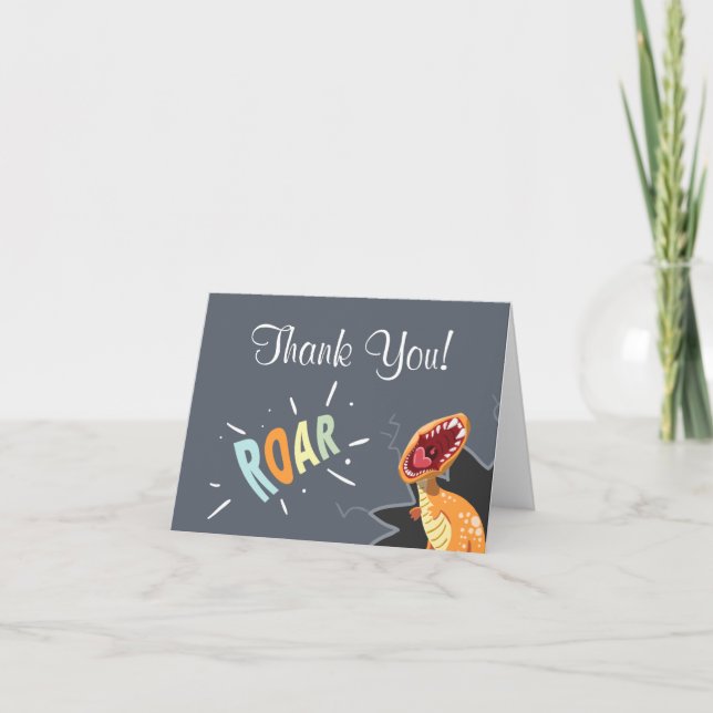 Roaring Dinosaur Baby Shower Dino Thank You Card (Front)