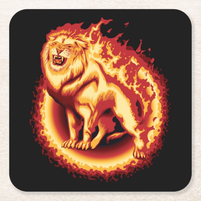 Roaring Fire Lion Square Paper Coaster (Front)
