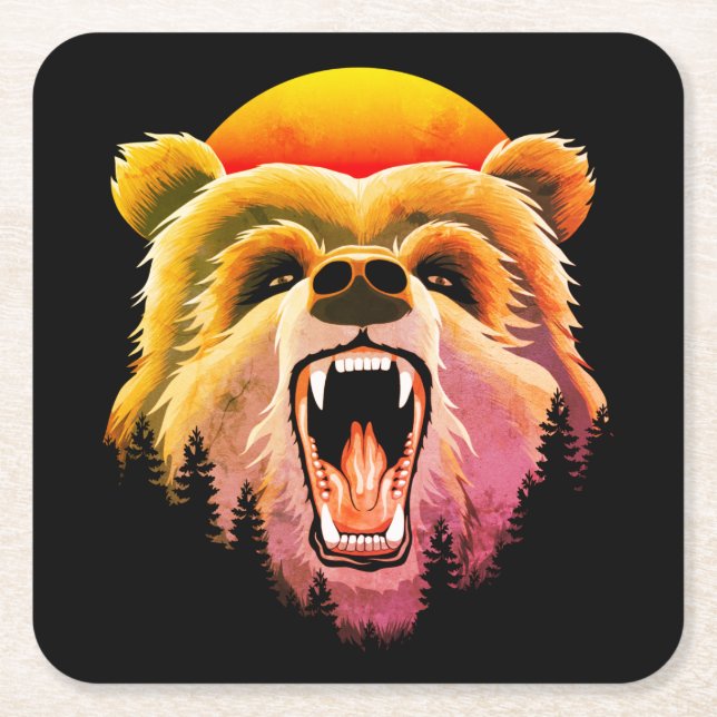 Roaring Grizzly Bear Face Square Paper Coaster (Front)