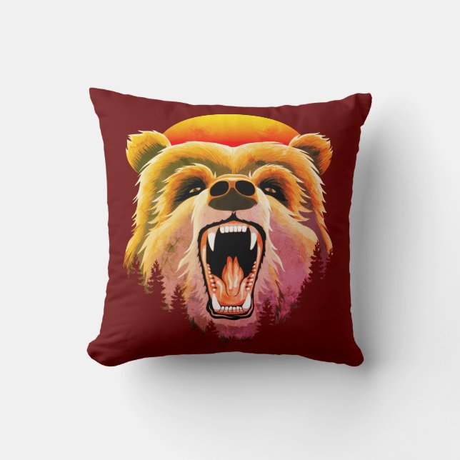 Roaring Grizzly Bear Face Throw Pillow (Front)