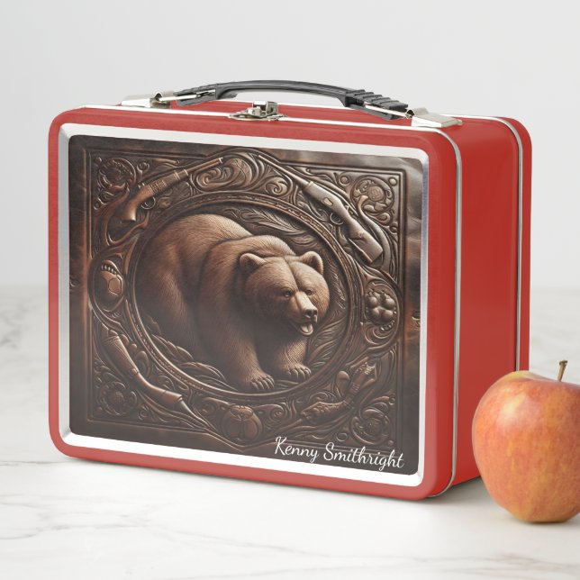 Roaring Grizzly: Leather Engraved Strength Metal Lunch Box (In Situ)