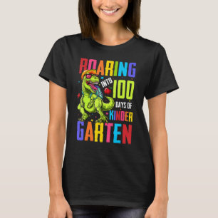 Roaring Into 100 Days Kindergarten Funny T Rex Din T-Shirt