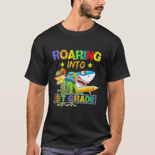 Roaring Into 1st Grade Dinosaur Shark Back To Sch T-Shirt