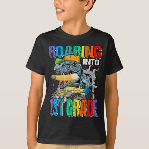 Roaring Into 1st Grade Monster Truck Dinosaur Boys T-Shirt