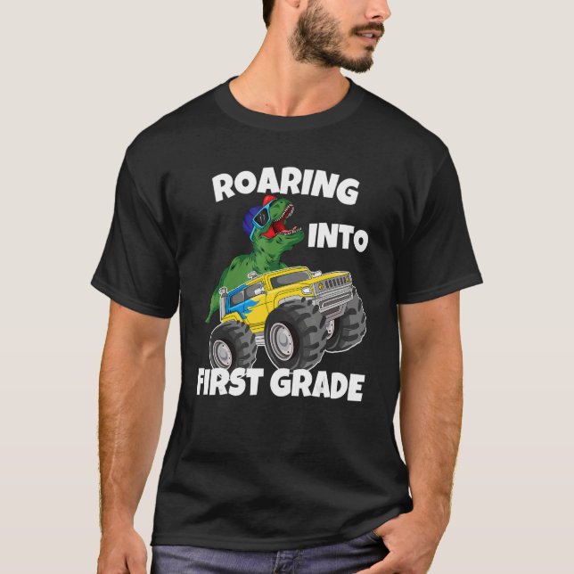 Roaring into 1st Grade Monster Truck Dinosaur Rex  T-Shirt (Front)
