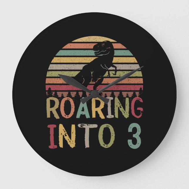 Roaring into 3 3rd Birthday boy dinosaur T Rex Large Clock (Front)