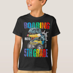 Roaring Into 5th Grade Monster Truck Dinosaur Boys T-Shirt