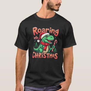 Roaring into Christmas T Rex Santa Hat Candy Cane T-Shirt