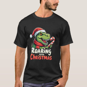 Roaring into Christmas T Rex Santa Hat Candy Cane  T-Shirt