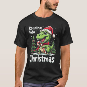 Roaring into Christmas T Rex Santa Hat Candy Cane  T-Shirt