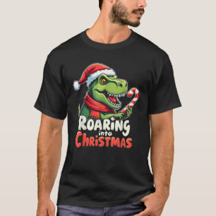 Roaring into Christmas T Rex Santa Hat Candy Cane  T-Shirt
