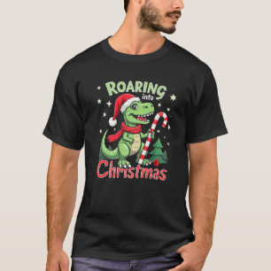 Roaring into Christmas T Rex Santa Hat Candy Cane T-Shirt