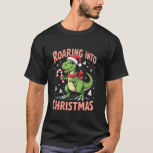 Roaring into Christmas T Rex Santa Hat Candy Cane  T-Shirt
