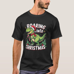 Roaring into Christmas T Rex Santa Hat Candy Cane  T-Shirt