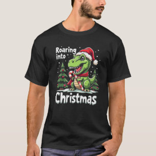 Roaring into Christmas T Rex Santa Hat Candy Cane T-Shirt