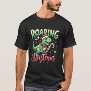 Roaring into Christmas T Rex Santa Hat Candy Cane  T-Shirt