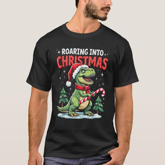 Roaring into Christmas T Rex Santa Hat Candy Cane  T-Shirt (Front)