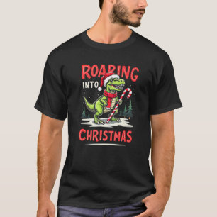 Roaring into Christmas T Rex Santa Hat Candy Cane T-Shirt