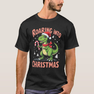 Roaring into Christmas T Rex Santa Hat Candy Cane  T-Shirt