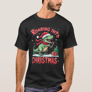 Roaring into Christmas T Rex Santa Hat Candy Cane  T-Shirt