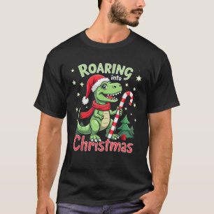 Roaring into Christmas T Rex Santa Hat Candy Cane  T-Shirt