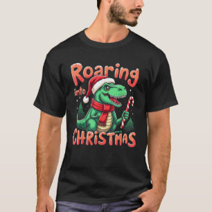 Roaring into Christmas T Rex Santa Hat Candy Cane  T-Shirt
