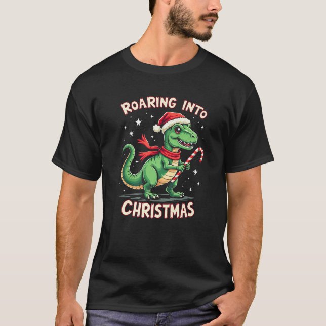 Roaring into Christmas T Rex Santa Hat Candy Cane  T-Shirt (Front)